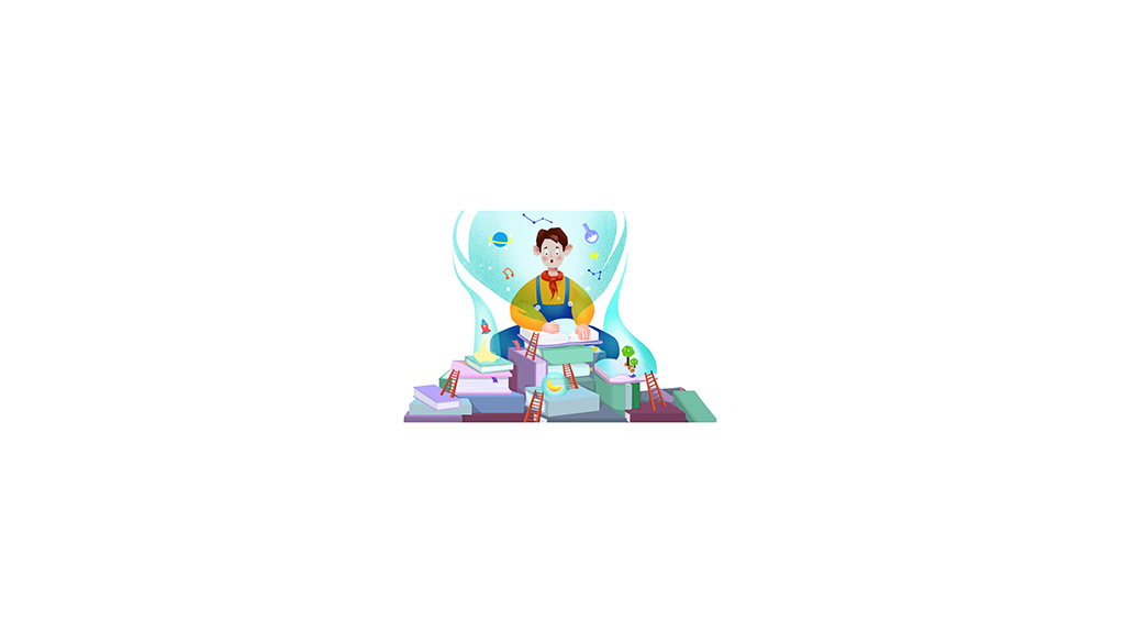 卡通青少年男孩读书场景手绘插画插图