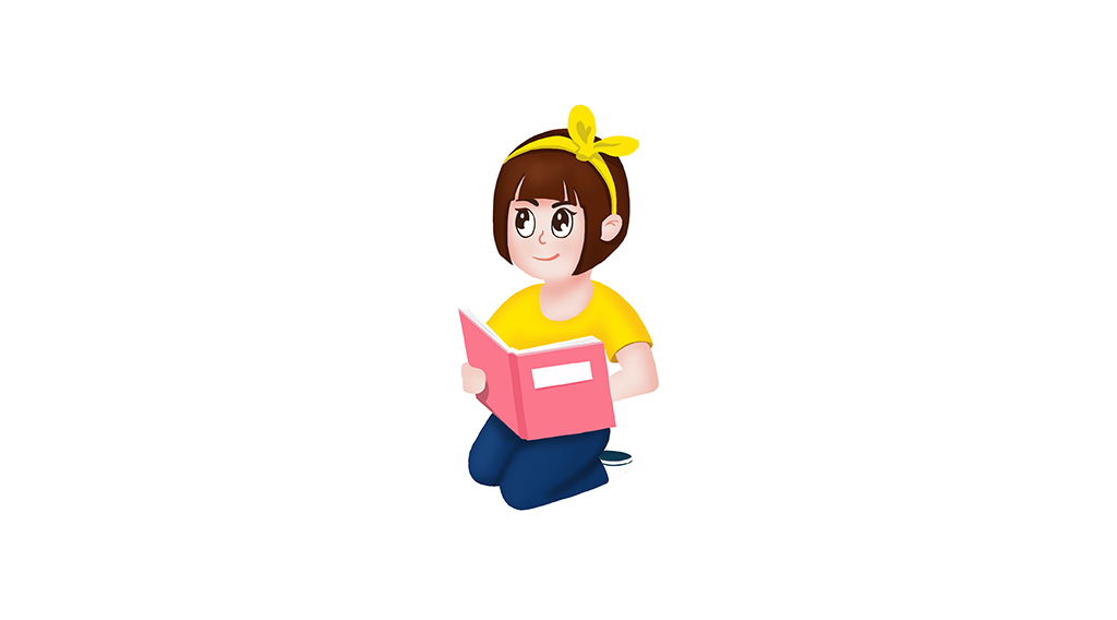 卡通风跪坐着看书的女孩人物手绘插画插图