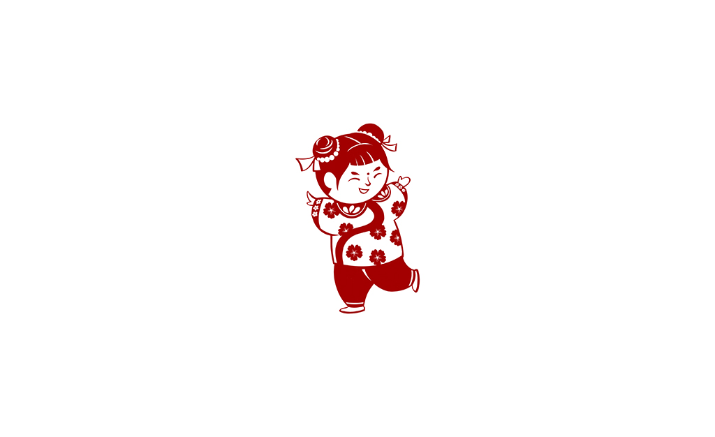 红色中国风花球女孩剪影人物手绘插画插图