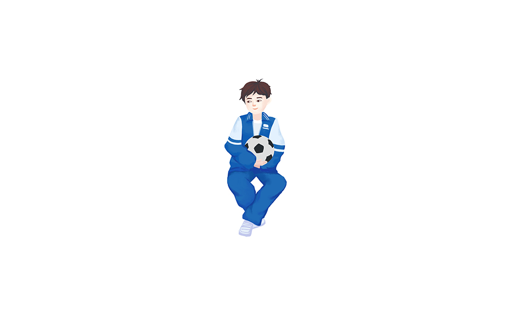 蓝白色小清新卡通穿校服抱足球男孩人物手绘插画插图