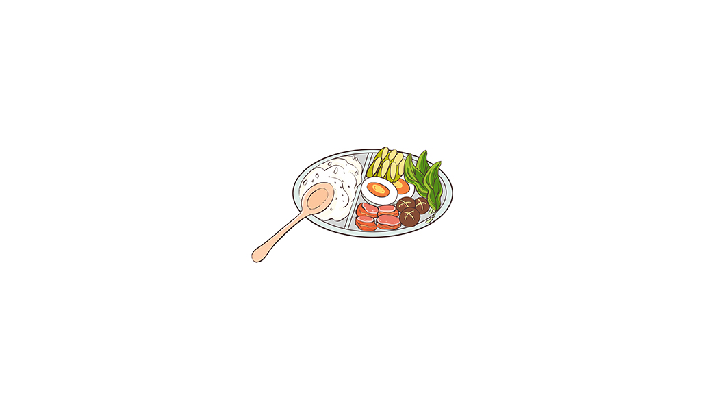 扁平勾线风营养肉蛋奶菜米合理搭配的食物饭食手绘插画插图