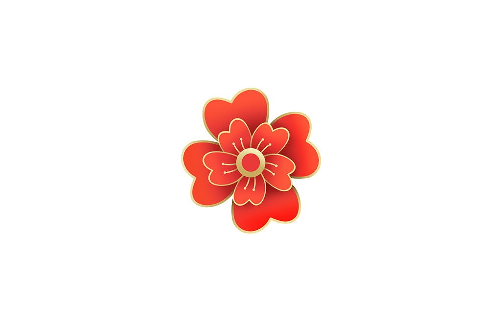 红色中国风镶边的花朵手绘插画插图