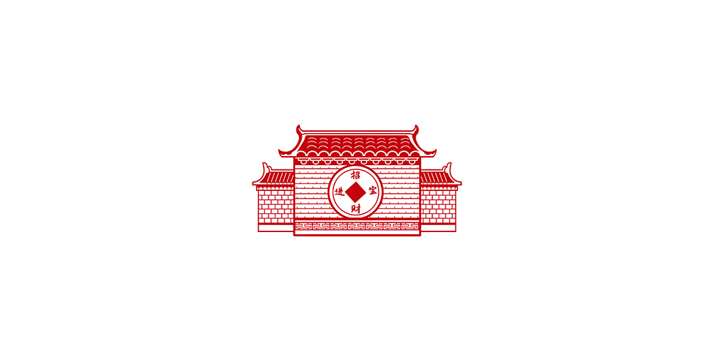红色剪纸中国风型招财进宝纹样古风传统建筑手绘插画插图