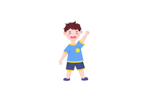 蓝色卡通风举手大笑的小男孩人物手绘插画
