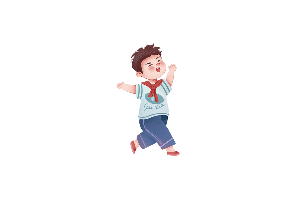 蓝色卡通风开心奔跑的小男孩人物手绘插画插图