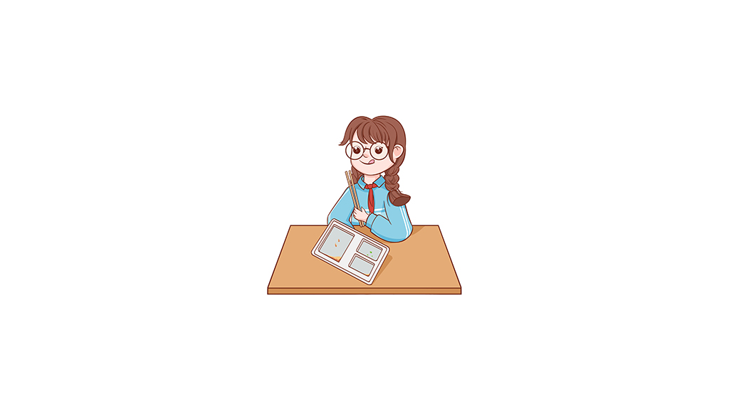 蓝色卡通风空盘行动不留剩饭的女孩人物手绘插画插图