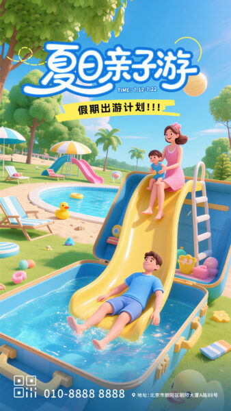 夏日亲子游宣传手机海报