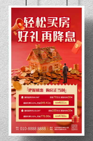 红色贷款房贷买房产品活动降息手机海报